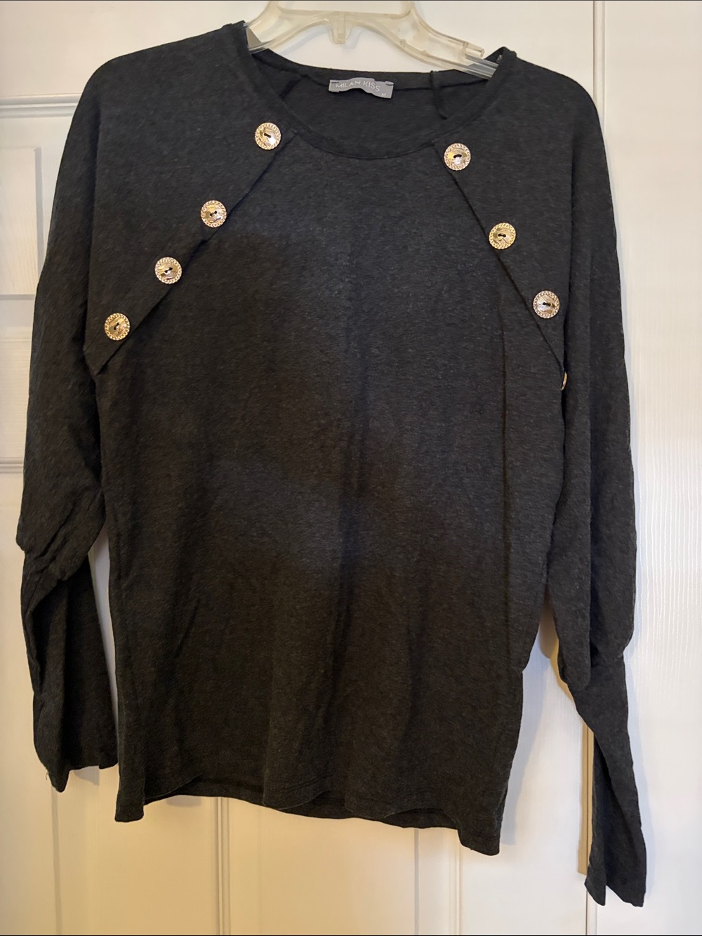 Dark Charcoal Long-Sleeve Button Accent Blouse